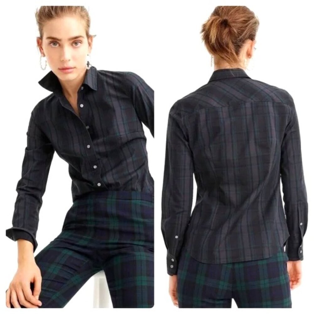 J. Crew Slim Stretch Perfect Shirt In Black Watch Tartan Size 6 EUC